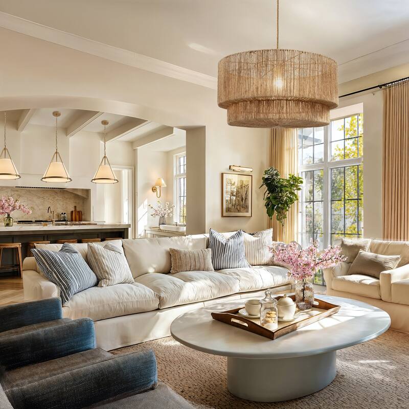 Luminous Rattan Pendant Light - Natural Drum Handwoven Light Fixture For Modern, Transitional, Farmhouse, Boho Room Décor.