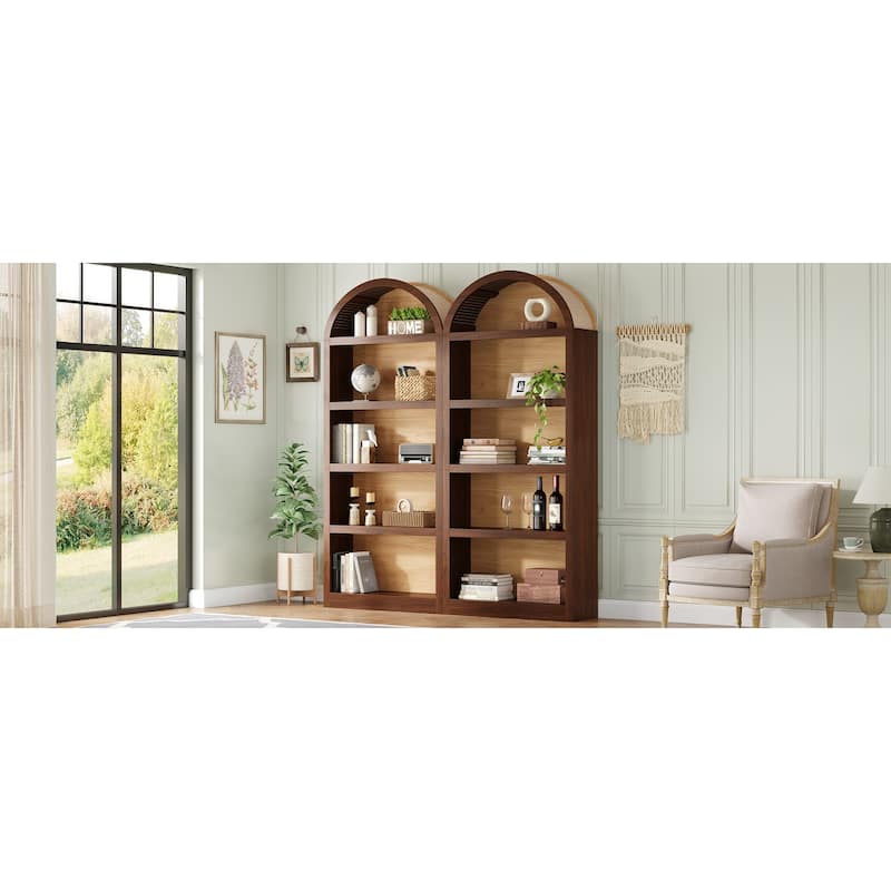 Freestanding Tall Bookshelves Set of 2, Farmhouse Two-Tone Open Storage Cabinet with Fabric Arched Top, 5-Tier Display Bookcase