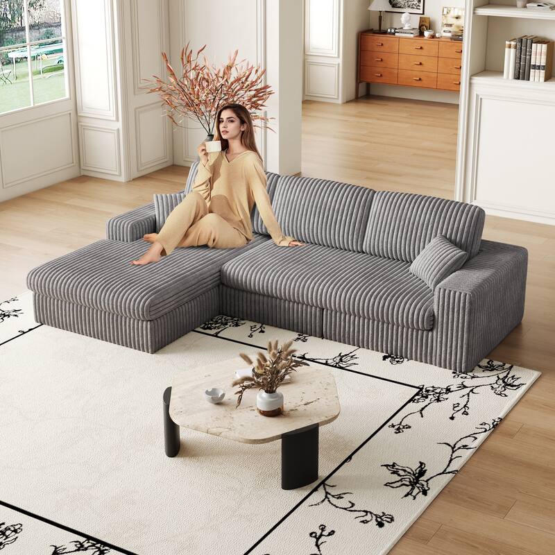 L-Shaped Sectional Sofa with Chaise Lounge, Corduroy Modular Foam Sofa, Upholstered Sofa with 2 Cushion & 2 Throw Pillows