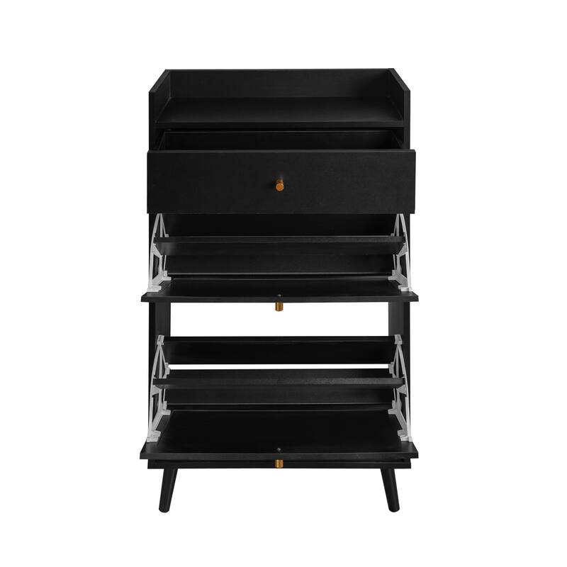 Anmytek Black Rattan Shoe Cabinet with Flip Doors 43 Inch Entryway Storage Organizer