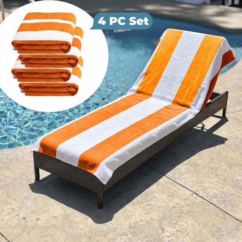 100% Cotton Cabana‑Stripe Lounge Chair Cover Terry Towel with Fitted Pocket & Back Flap Set of 4