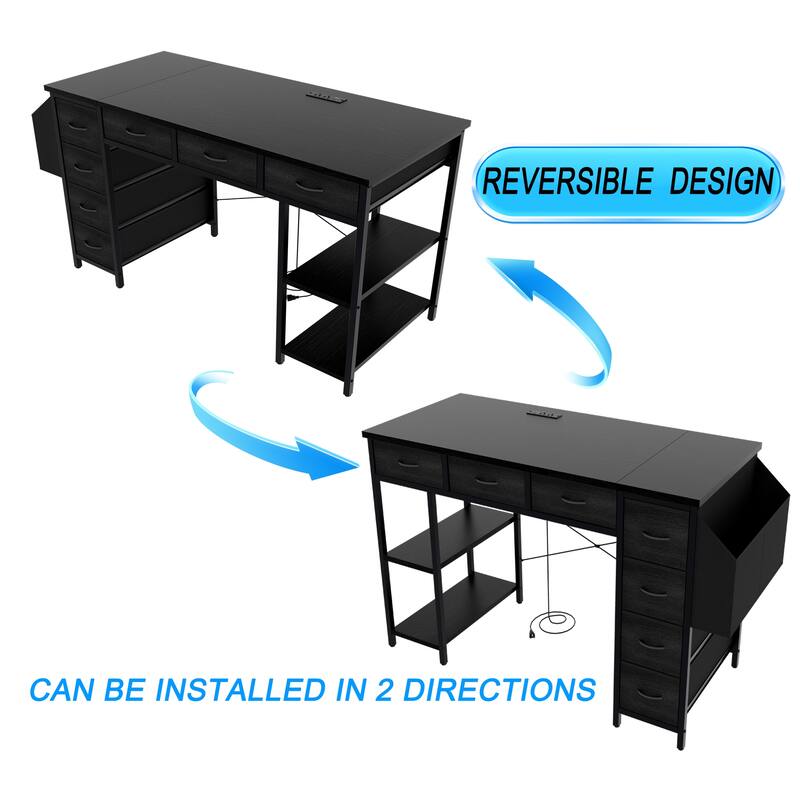 Versatile Computer Desk Vanity Table Writing Desk Rectangular Writing Desk with Power Outlet, 7 Drawers and Large Side Pocket