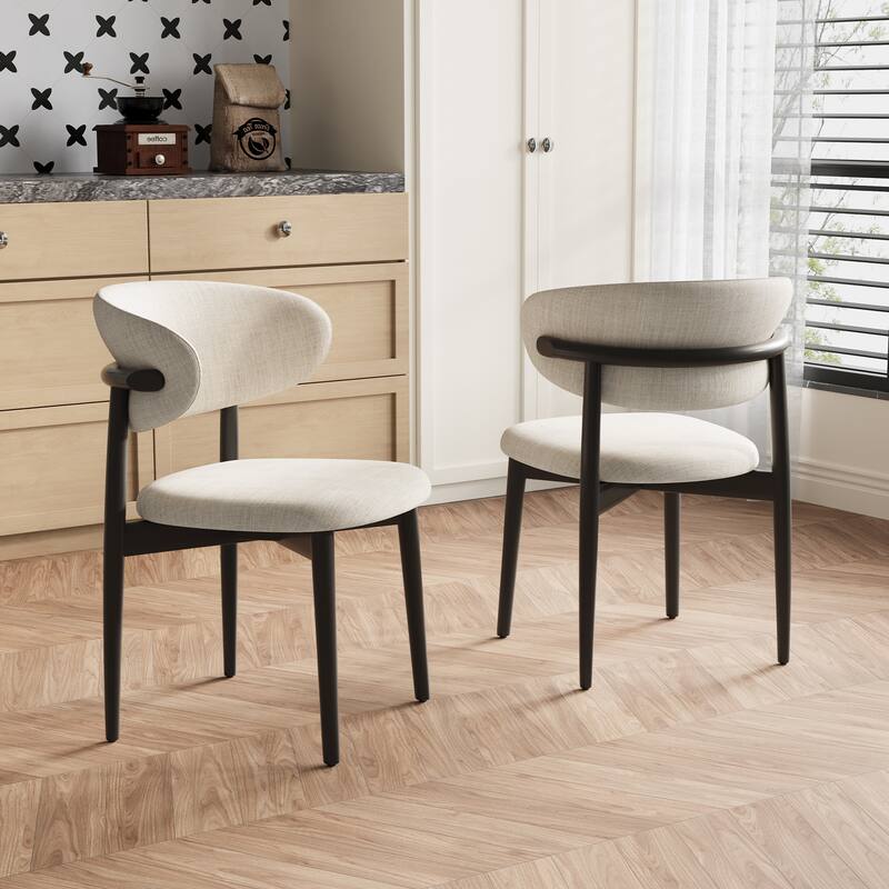 Mid-Century Dining Chair, Solid Wood Legs, Kitchen Chairs with Beige Cotton & Linen Fabric, Fully Assembled - Black-Set of 2