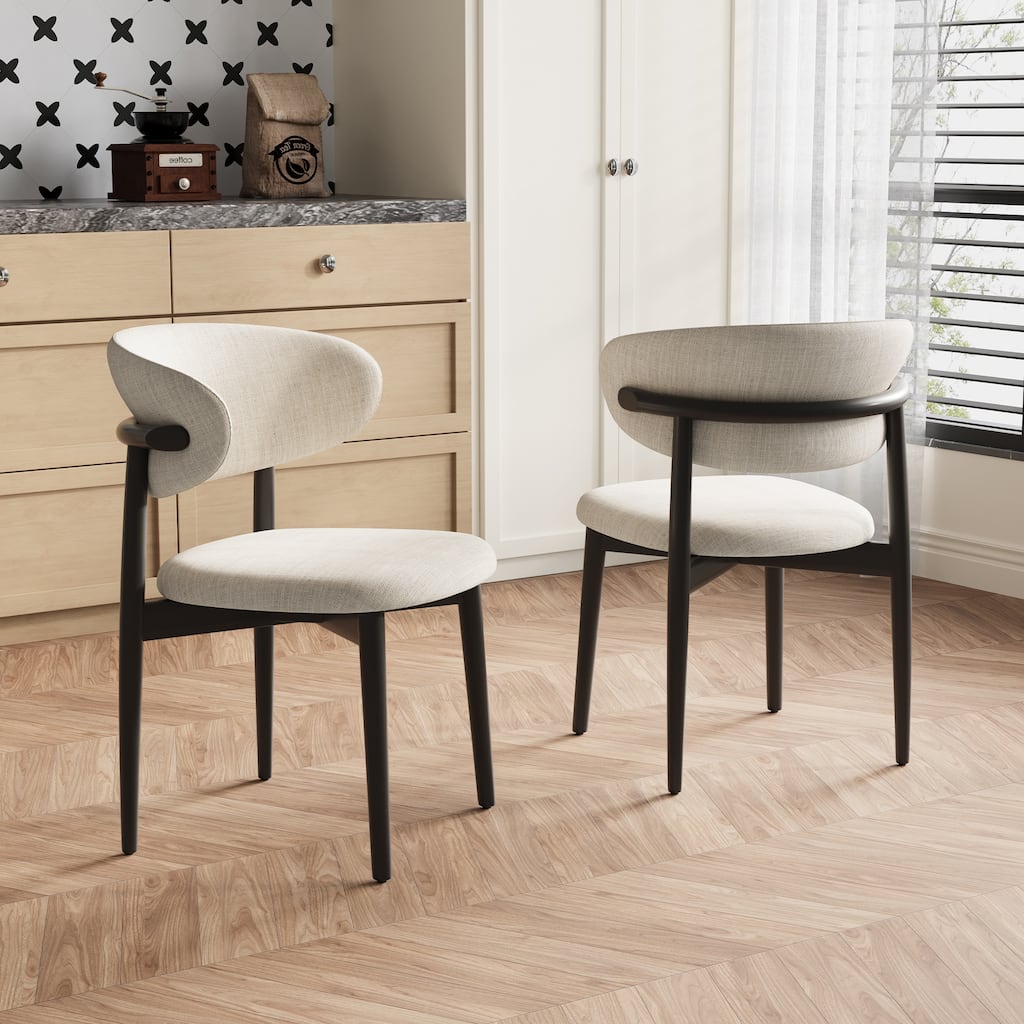 Mid-Century Dining Chair, Solid Wood Legs, Kitchen Chairs with Beige Cotton & Linen Fabric, Fully Assembled