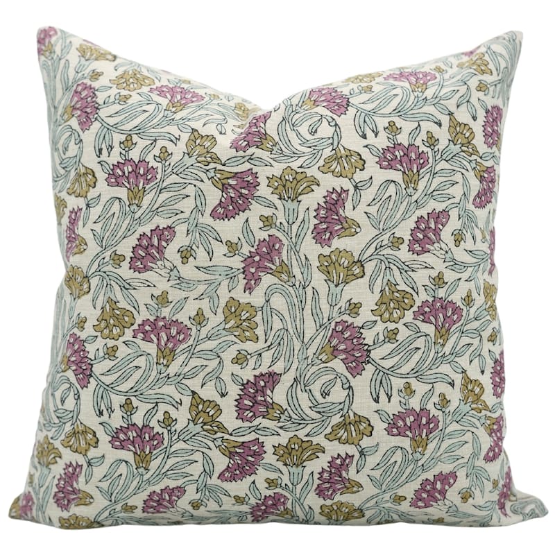 Fabdivine Hand Block Print Floral Pillow Cover Linen Cushion Case for Sofa Guest Room Fall Home Accent Gift, Shehjan - Throny Stems- Pink, Green - 12" x 20" - Pillow Covers