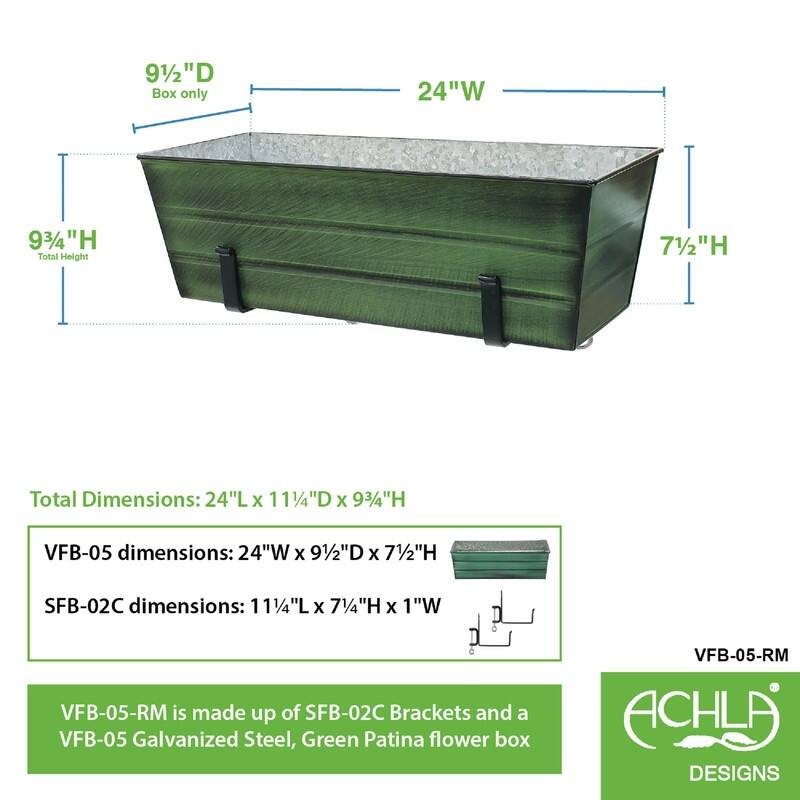 Achla Designs 24" W Rectangle Galvanized Steel Flower Box w/Black Wrought Iron Clamp-On Brackets, Planter