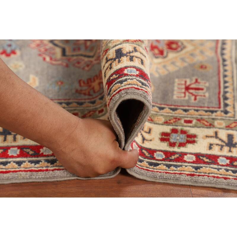 Gray Geometric Kazak Accent Rug Hand-Knotted Wool Carpet - 2'8" x 4'1"