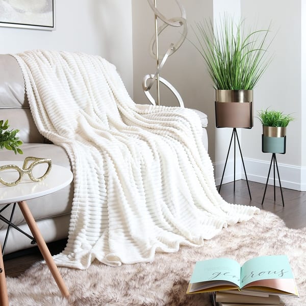 Empyrean Cut Plush Fleece Throw Blanket - Lightweight Super Soft Fuzzy Luxury Bed Blanket for Bed - Throw/Travel (50"x60") - White