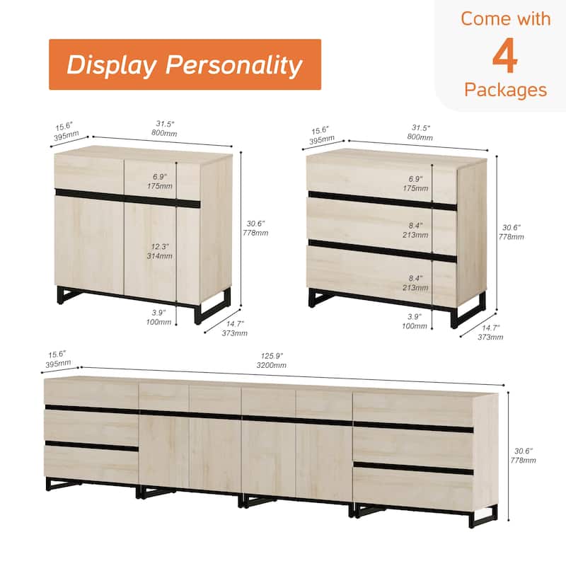 WAMPAT 4 in 1 Multifunctional Sideboard Buffet Cabinets, Modern Sideboard with 6 Drawers and Adjustable Shelves