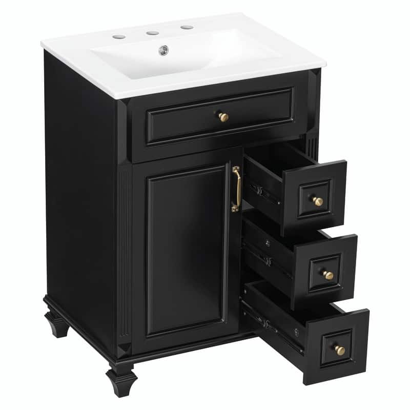 24" Bathroom Vanity with Sink, Freestanding Vanity Cabinet with Flip-Out Drawer, 3 Drawers, Ceramic Top