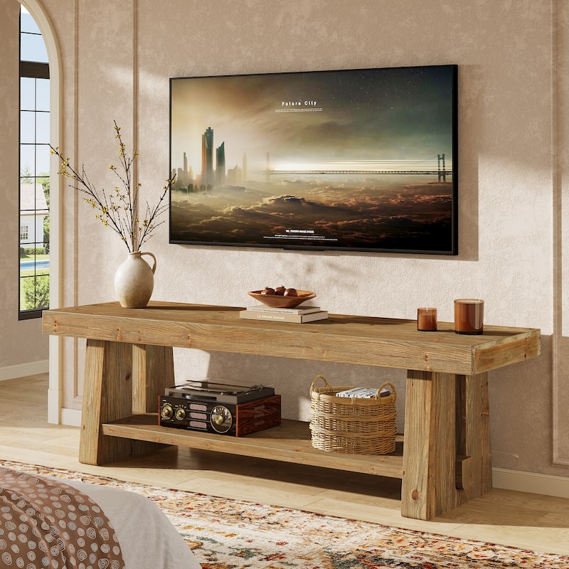 2-Tier Solid Wood TV Stand with Storage Shelves, Entertainment Center Television Console for 75-Inch TVs Living Room Bedroom