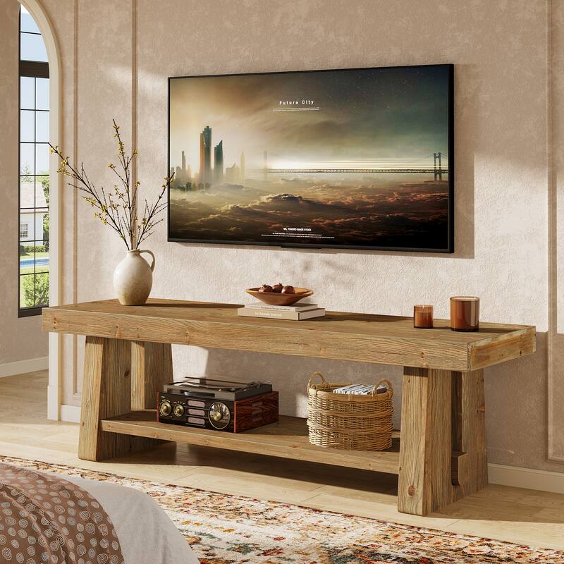 63" Solid Wood TV Stand with Open Storage Shelves, Entertainment Center Television Console for 75-Inch TVs Living Room Bedroom - Brown