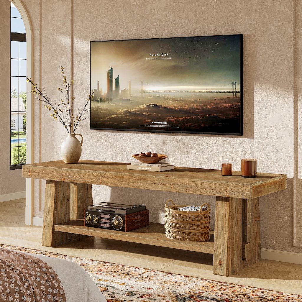 63" Solid Wood TV Stand with Open Storage Shelves, Entertainment Center Television Console for 75-Inch TVs Living Room Bedroom