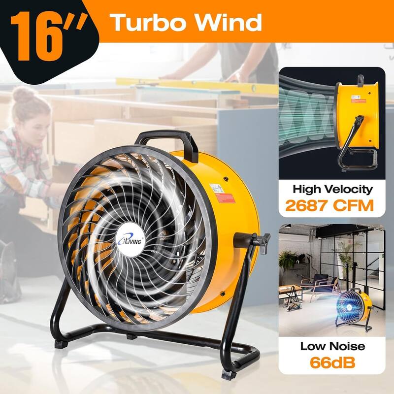 iLiving 16 in. Low Noise Turbo Fan 2800 CFM 3-Speed Portable Air Circulator for Shop, Office, Greenhouse, Home and Warehouse