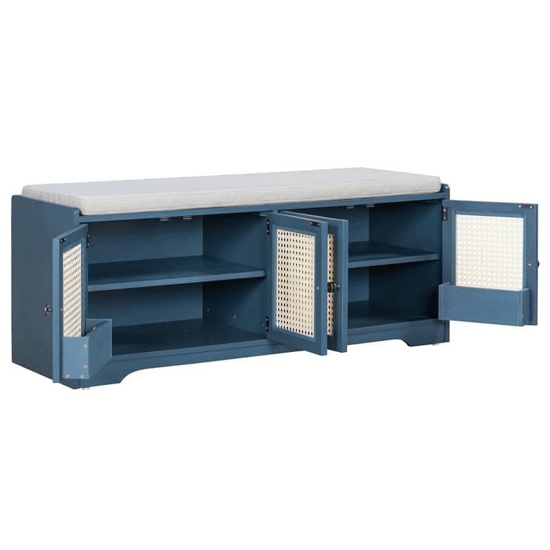 Rustic 47.4" Storage Bench Multifunctional Wooden Entryway Organizer with Removable Cushion and Rattan Doors