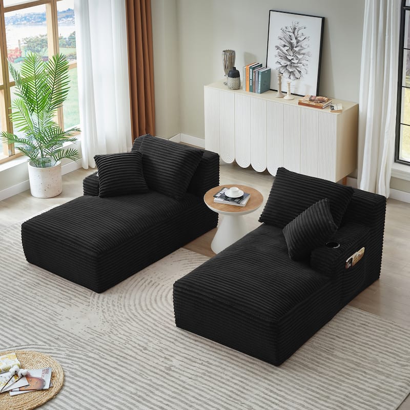 Compressible Double Chaise Lounge With Cupholders - No Assembly Required, Fluffy Modern Sleeper Loveseat