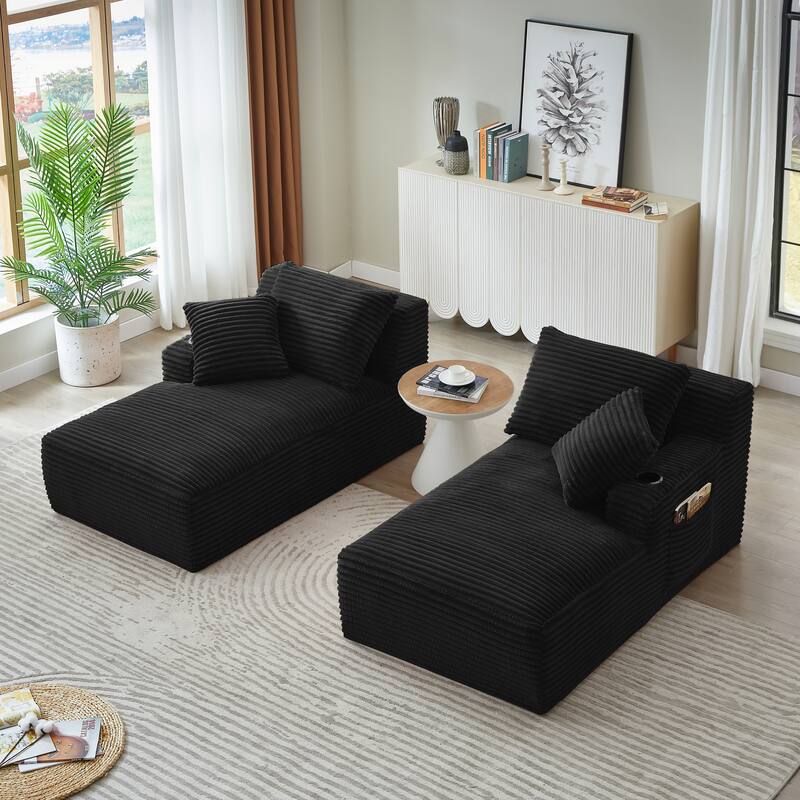 Corduroy Sleeper Sectional Loveseat Sofa, Double Chaise Lounge for Versatility with Cup Holders and Side Pockets