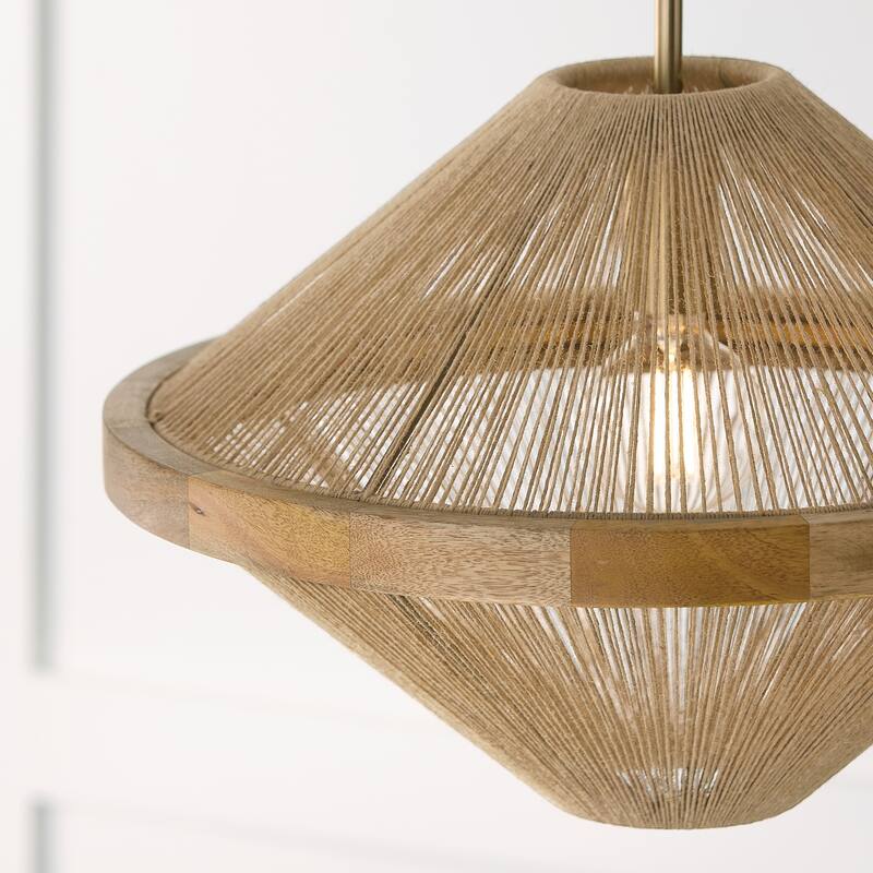 1-Light Dual Mount Pendant in Matte Brass with Mango Wood and Handwrapped Natural Jute Rope String