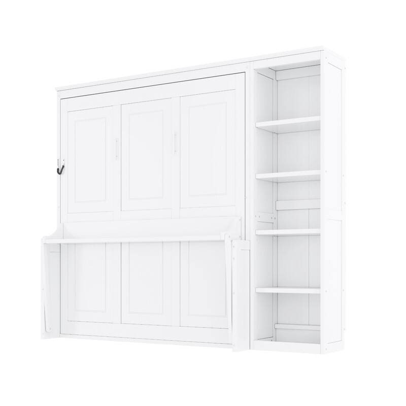 Full/Queen Size Murphy Bed with Built-in Desk, Wall Bed Folding Bed Frame with 5-Tier Side Bookshelf