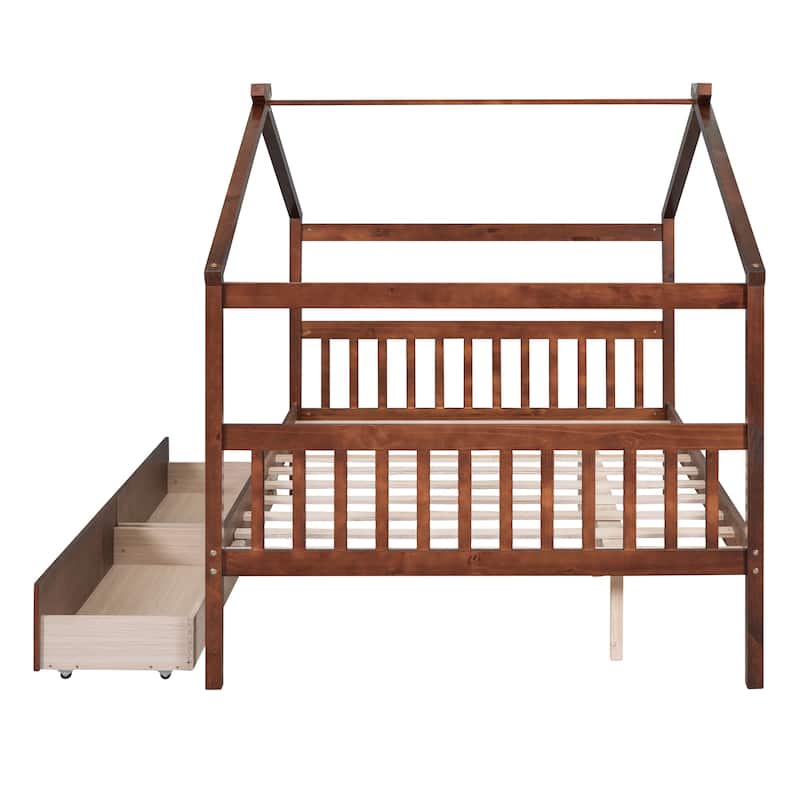 Full Size Wooden House Bed with Drawers