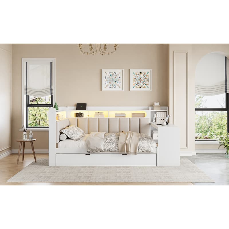 Roomfitters Full Daybed with Trundle, Charging Station and Upholstered Headboard