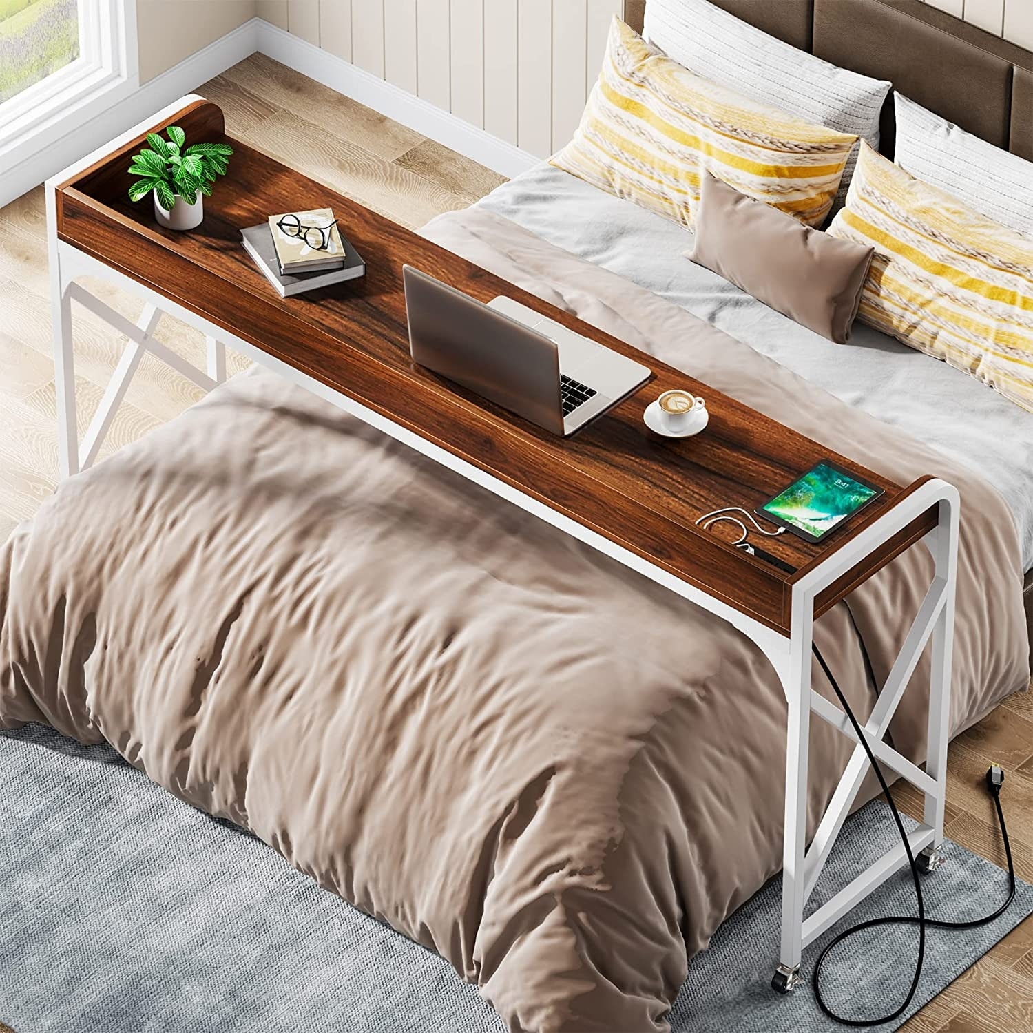 Over Bed Table with Wheels 70.8 Inch Overbed Desk with Outlet USB On Sale Bed Bath Beyond 37609606