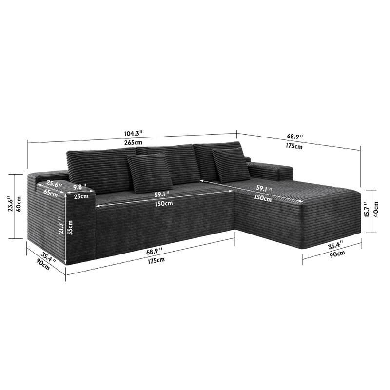 Roomfitters 104.3" Modular Sectional Sofa, 2-Piece Compressed Cloud Couch, No Assembly Required, Plush Corduroy, Grey