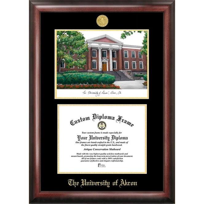 University of Akron 11w x 8.5h Gold Embossed Diploma Frame with Campus Images Lithograph