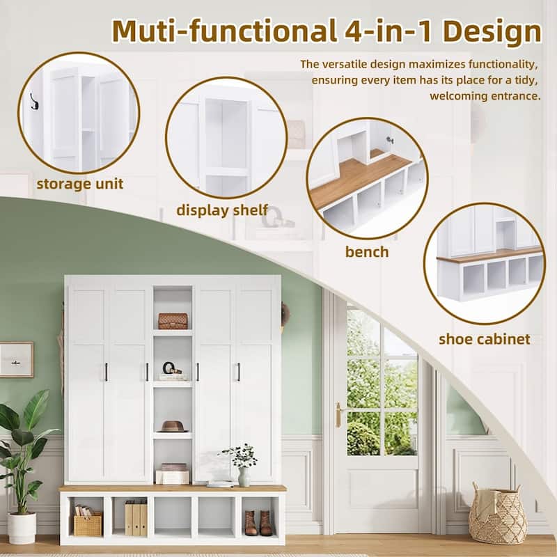 Farmhouse 4-in-1 Hall Tree with 6 Hanging Hooks, Mudroom Wood Grain Bench with Open Compartments