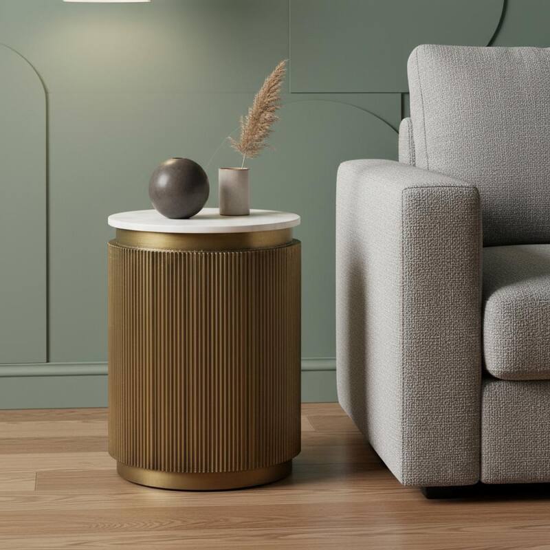 HomeRoots 22" White and Gold Stone and Brass Round Block End Table - 16.00 in. x 22.25 in. x 16.00 in. - White - Slate