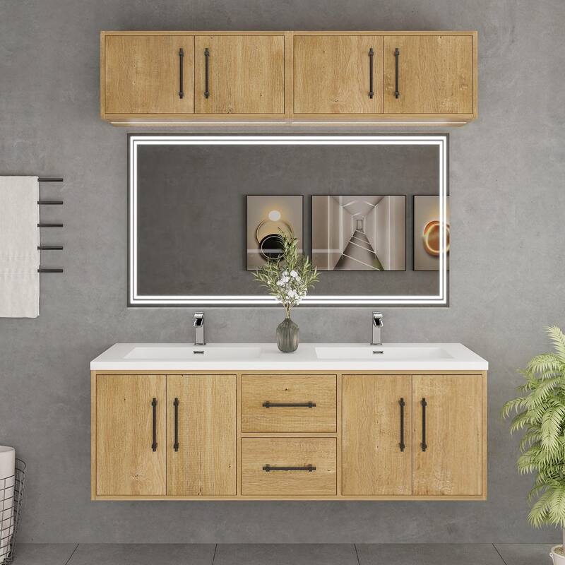 Victoria 60'' Wall-Mounted Double Sink Vanity Set with LED light Top Cabinet - 58.9 - Matte - Oak