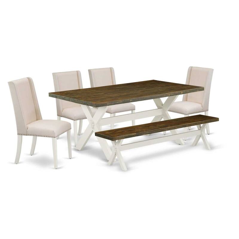 Modern 6-Piece Dining Set - Rectangular Table, 4 Chairs, & Bench - Cream Linen Fabric