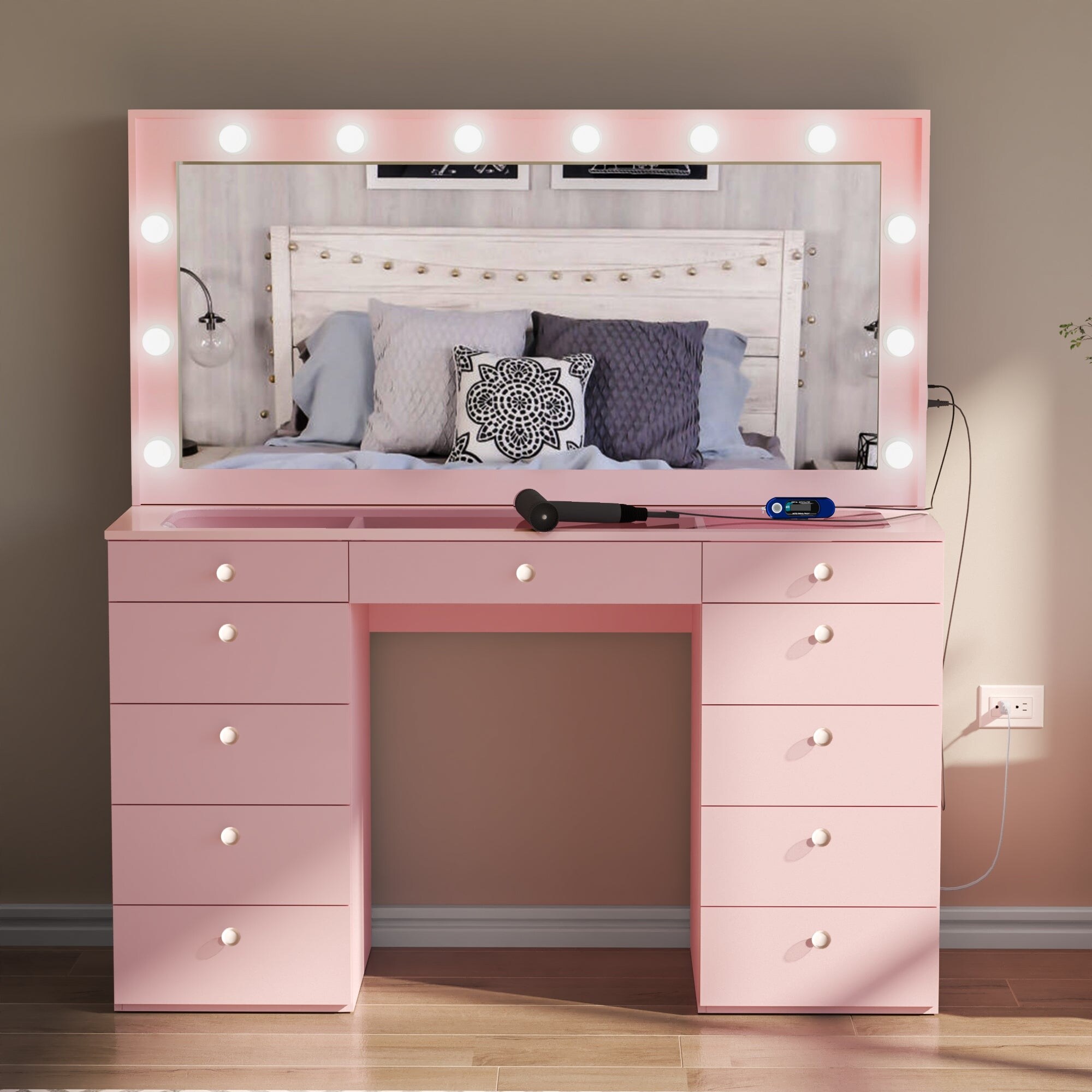 Pink vanity set with lights top