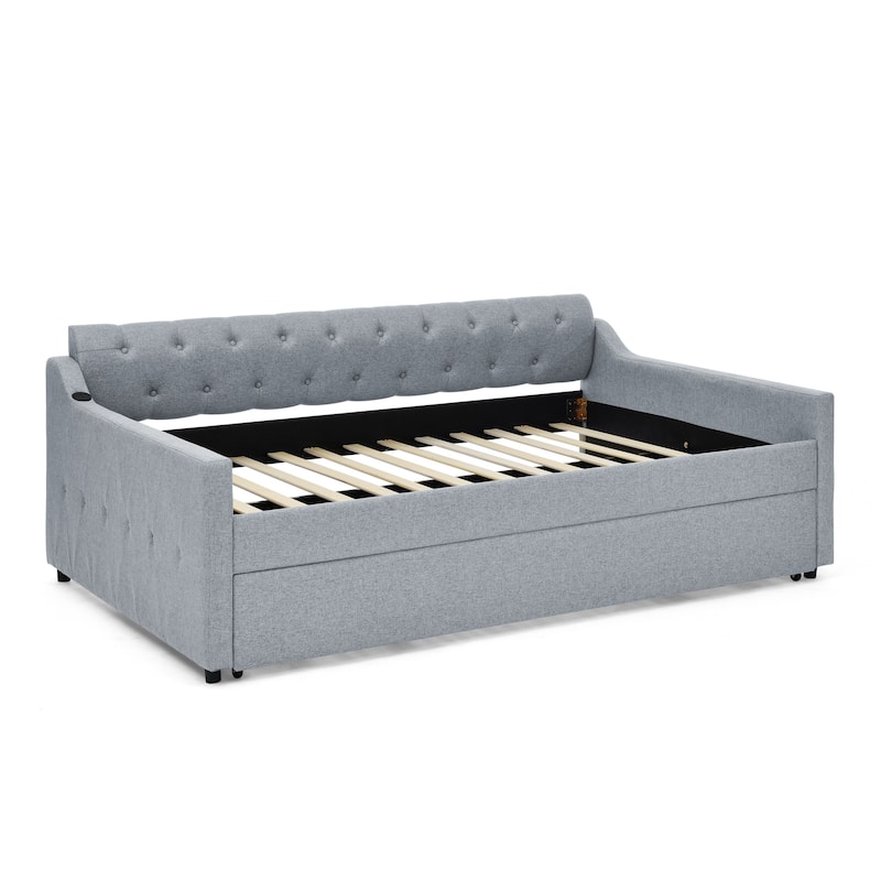 Upholstery Daybed with Twin Size Erectable Trundle and USB Charging Design