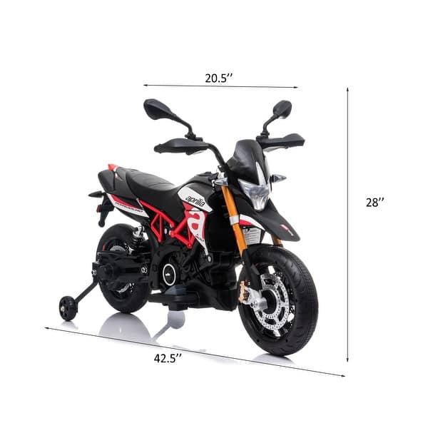 dimension image slide 1 of 2, Licensed Aprilia Electric Motorcycle, 12V Kids Motorcycle, Training Wheels, LED Lights, Sounds & Music