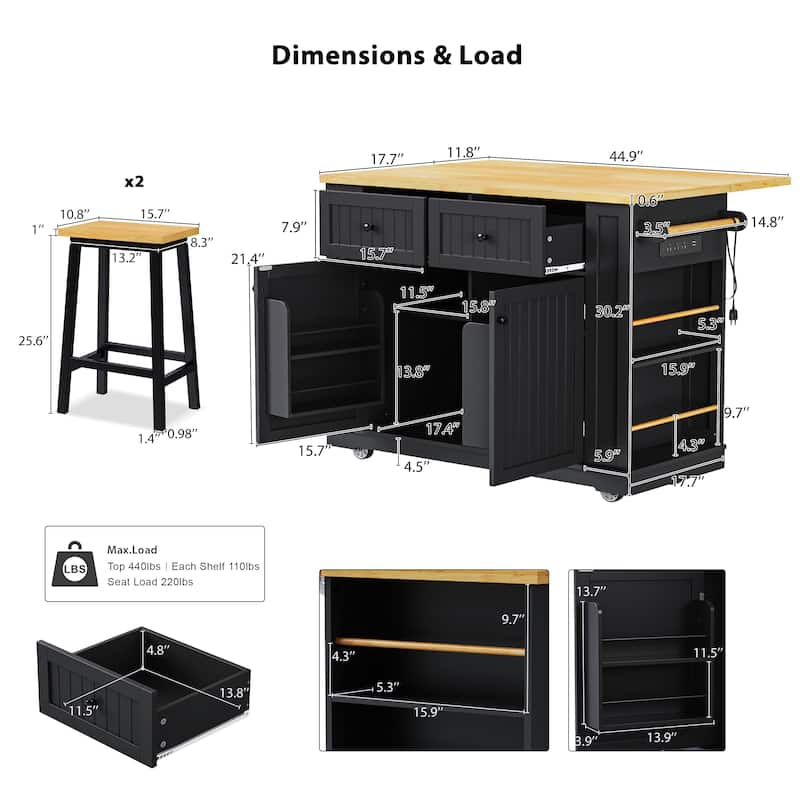 48inch Large Kitchen Island with 2 Bar Stools, Power Outlet, Door Internal Storage Rack, Kitchen Storage cart with Drop Leaf