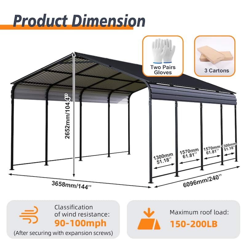 12x20 FT Heavy Duty Metal Carport With Galvanized Steel Roof With Enhanced Base Outdoor Car Port Shelter