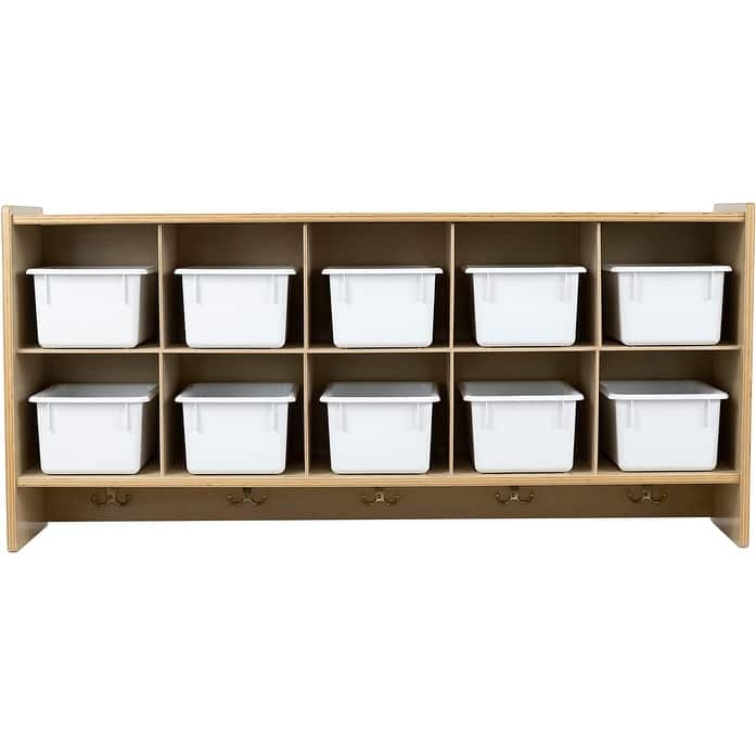 RRI Goods 10 Section Wall Mount Classroom Storage Organizer, Cubby Shelving with Trays and Hooks