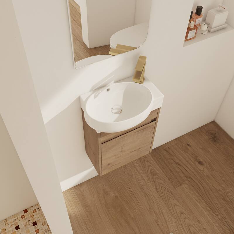 Wall Mounted Bathroom Vanity with Ceramic Sink, Soft-Close Door Hinges, Black Chestnut Finish for Small Spaces
