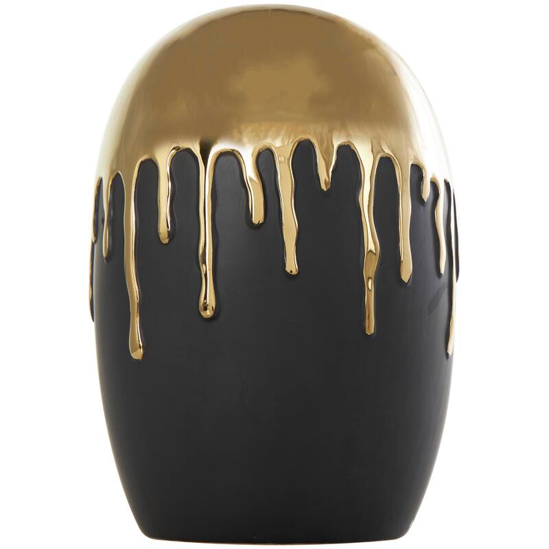 CosmoLiving by Cosmopolitan Black Ceramic Decorative Vase with Abstract Gold Melting Drips - 9 x 9 x 13