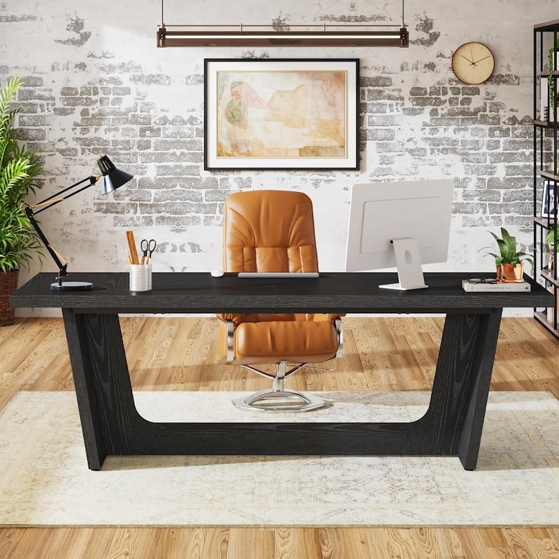 71 Inches Executive Desk, Large Home Office Desk with Solid Wooden Pedestal