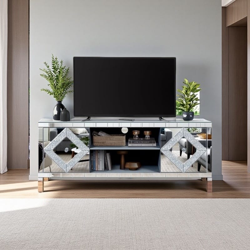59" Mirrored TV Console, Silver Entertainment Stand with Diamond-Inlay Doors, Glass Finish, Open Shelves & Cabinets - Silver