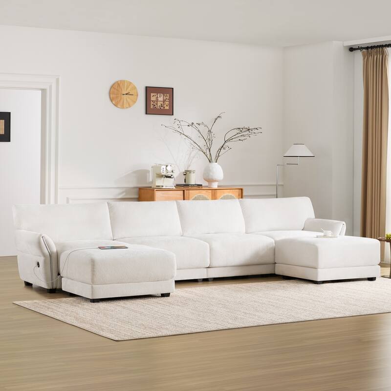 Modular Sectional Sofa, U-Shape With Extra-Wide Seat Cushion, Usb And Type-C Charger, Petal Armrest Design - White