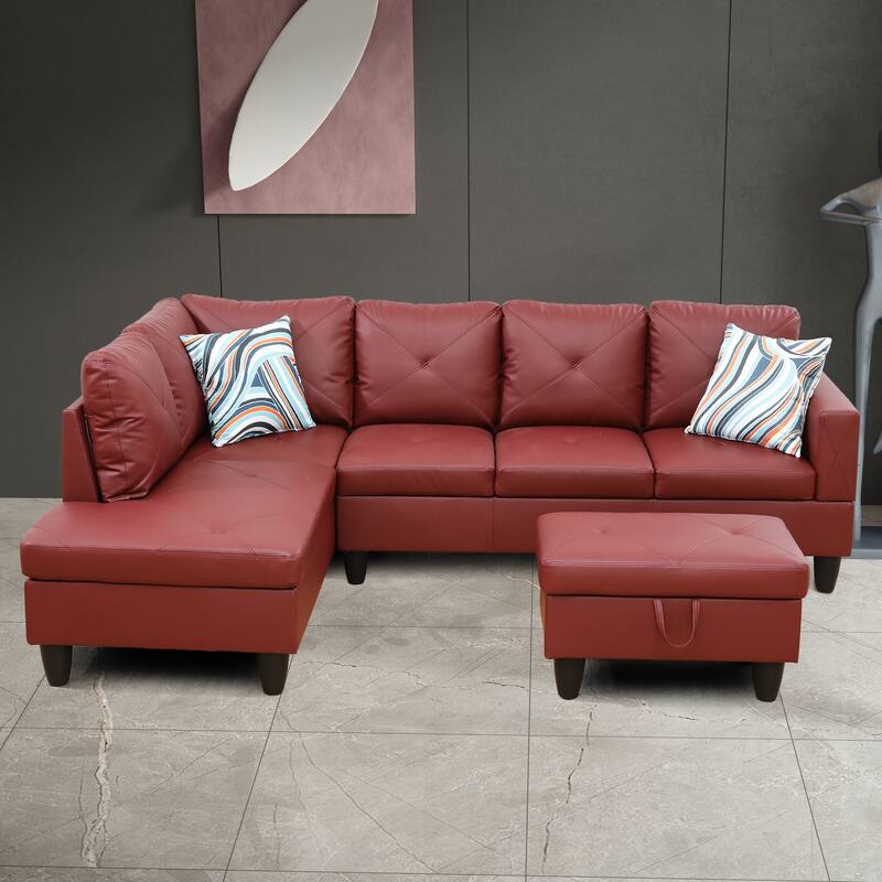 L-Shaped PU Leather Sofa & Chaise with Ottoman