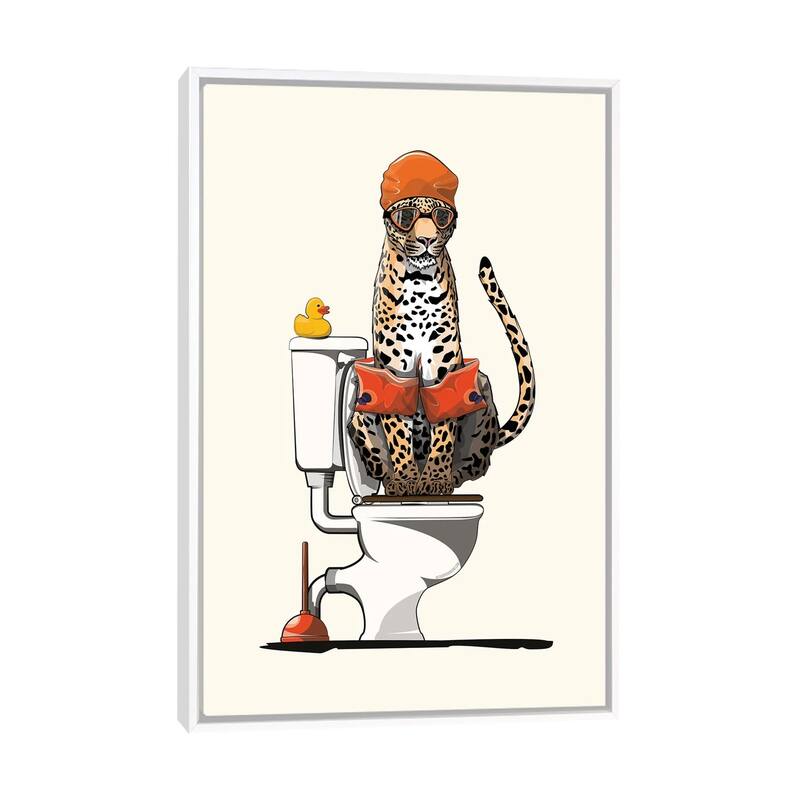 iCanvas "Leopard On The Toilet" by WyattDesign Framed - White - 26x18