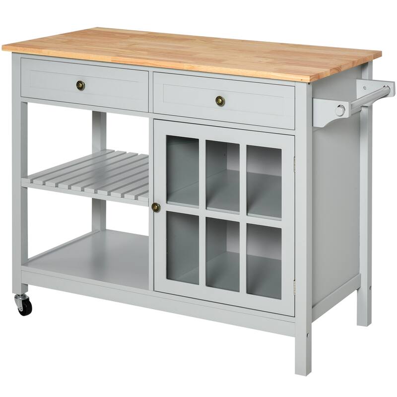 HOMCOM Kitchen Island Utility Storage Cart with Rubber Wood Top, Towel Rack, 2 Cabinets & Drawers for Dining Room