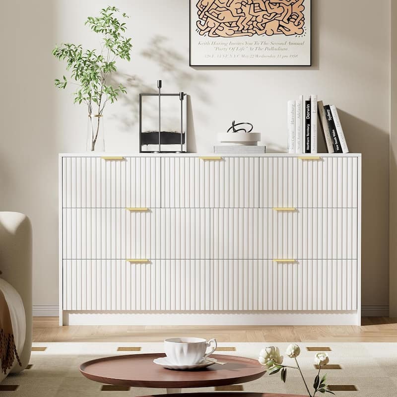 7 Drawer Dresser Fluted Wood Clothes Storage Cabinet, Modern Wide Dresser for Bedroom