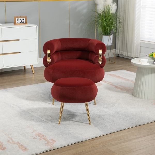Wine Red Velvet Accent Chair & Ottoman Sets Tufted Armchair Upholstered ...