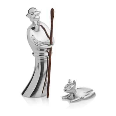 Nambe Miniature Nativity Figurines Shepherd and Lamb - Shepherd: 2” W x 4.5” H Lamb: 2” L x 1” H