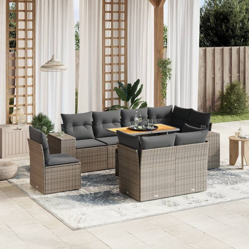 vidaXL Patio Sofa Set with Cushions Sofa Sections and Table 9 Piece Poly Rattan - 21.7 x 39.4 x 28.7